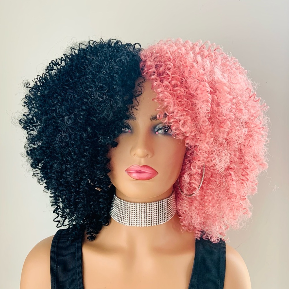 Beautiful Pink & Black Curly Synthetic Wig for Cosplay or Events